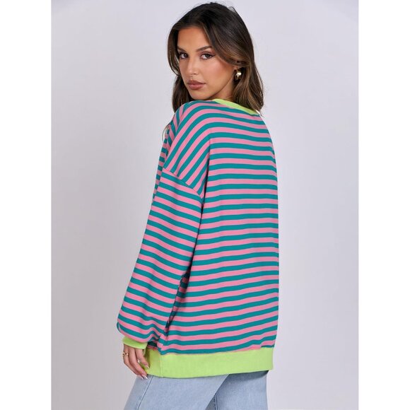 Women Striped Sweatshirt Oversized Crewneck Long Sleeve Casual Top - Picture 5 of 8